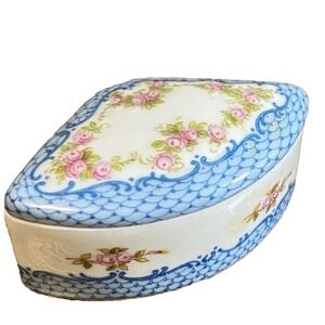 France Fan Shaped Trinket Box Porcelain de Paris Pink Roses CUTE Cottagecore